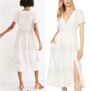 🔥Madewell Clara Plaid Linen Blend Midi Dress In Muted Blush Size S